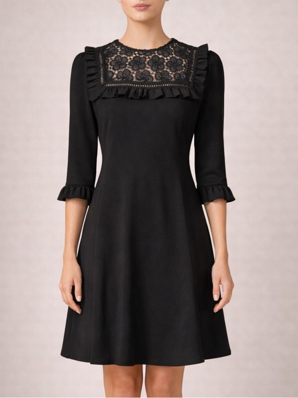 Kate Spade Black Lace Yoke Dress Ruffle Trim 3/4 Bell Sleeve Fit Flare Size 0